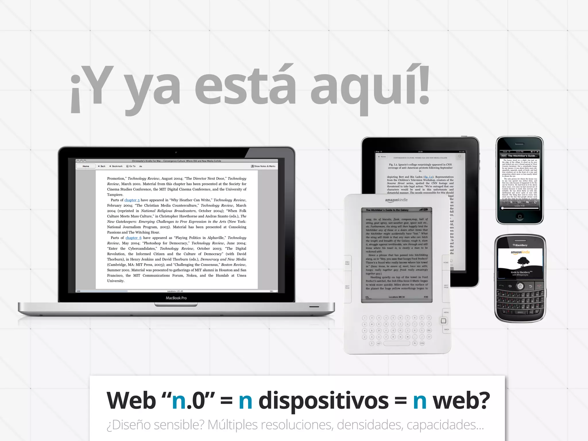 ¡Y ya está aquí!




 Web “n.0” = n dispositivos = n web?
 ¿Diseño sensible? Múltiples resoluciones, densidades, capacidades...
 