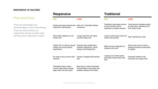 Interaction Design: Responsive & OrganicDesign
Pros and Cons
There are advantages and
disadvantages to each methodology.
There are several factors an
organization should consider when
deciding which approach to adopt:
RESPONSIVE VS TAILORED
Responsive Traditional
PRO CONS PRO CONS
Single code base requires less
long-terms maintenance
More UX / Schematic Design
constraints
Traditional code bases ensure
UX and Content will be
optimized for speciﬁc devices
Code become outdates quickly
as new sizes, resolutions and
form factors arise.
Allow faster adaption to new
screen size
Longer lead time and higher
one-time setup cost
Lower on-time setup costs and
shorter Q/A process
High maintenance costs
Single URL for improve search
ranking and social sharing
experiences
Requires high collaboration
between Interactions, Visual
design and Development
Better devices integration for
locations and touch
Some users may not want a
sperate experience particularly
on tablets
No need to set up server-side
redirects
Harder to integrate IAB standar
Ads
Loading only mobile assets
potentially results faster load
time
Potentially different URL
structures can impact SEO.
Potentially lowers mobile
bounce rates while increase
page views and time spent
May have to make functionally
compromises if user goals vary
between desktop and mobile.
 