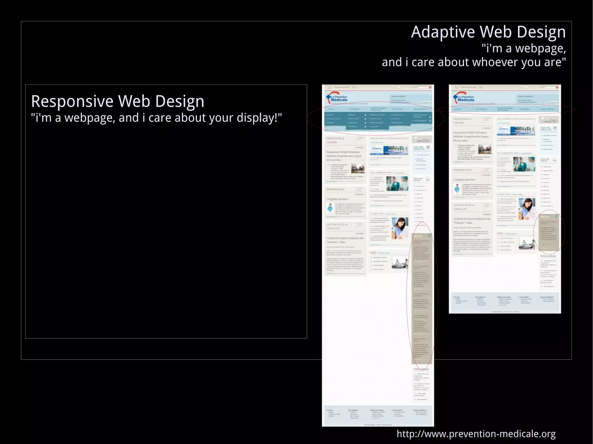 http://www.prevention-medicale.org Responsive Web Design &quot;i'm a webpage, and i care about your display!&quot; Adaptive Web Design &quot;i'm a webpage, and i care about whoever you are&quot; 