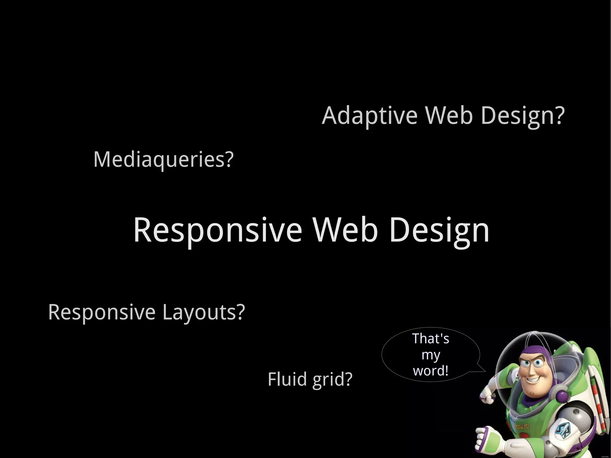 Adaptive Web Design? Responsive Layouts? Mediaqueries? Fluid grid? Responsive Web Design That's my word! 