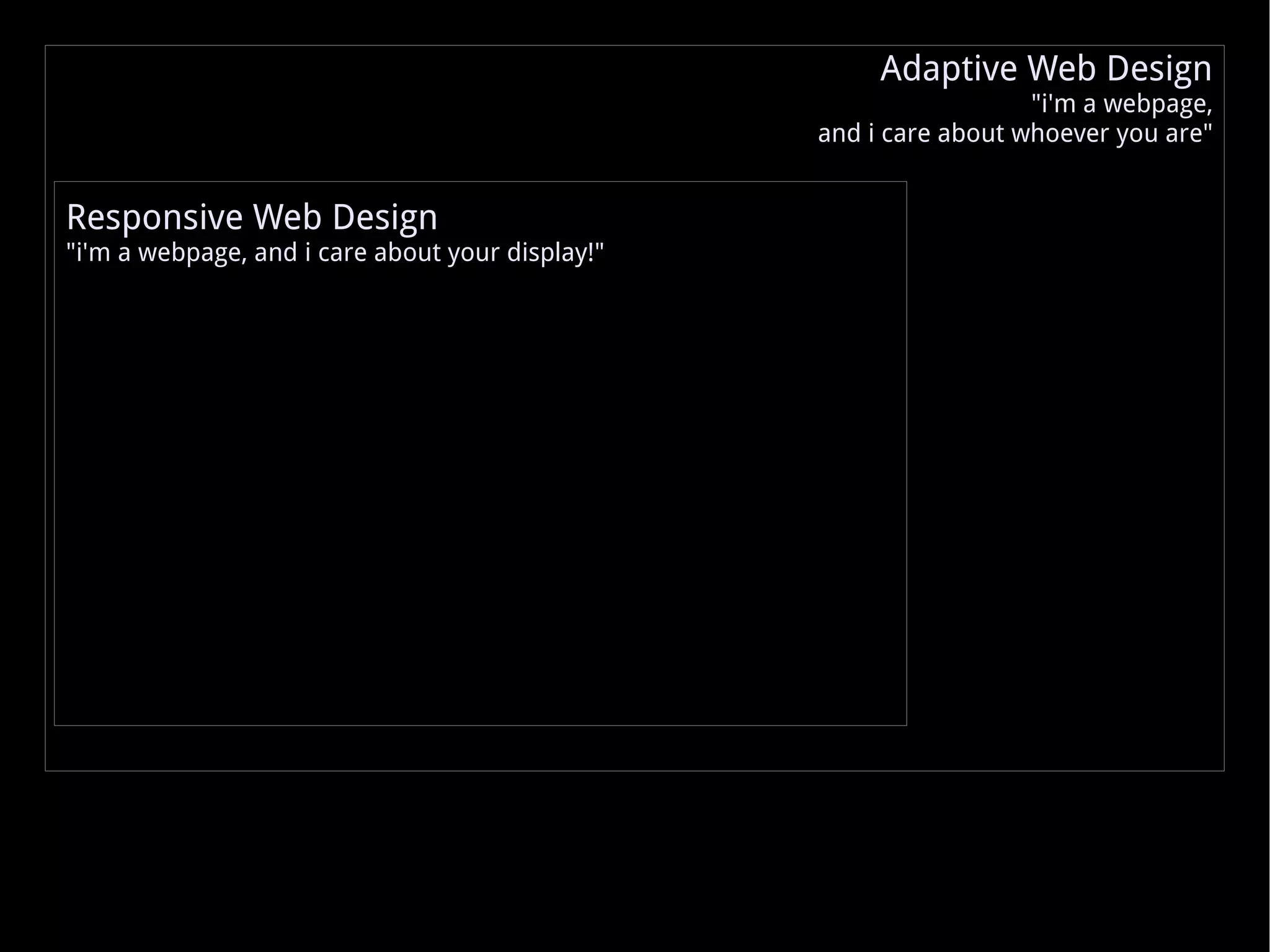 Responsive Web Design &quot;i'm a webpage, and i care about your display!&quot; Adaptive Web Design &quot;i'm a webpage, and i care about whoever you are&quot; 