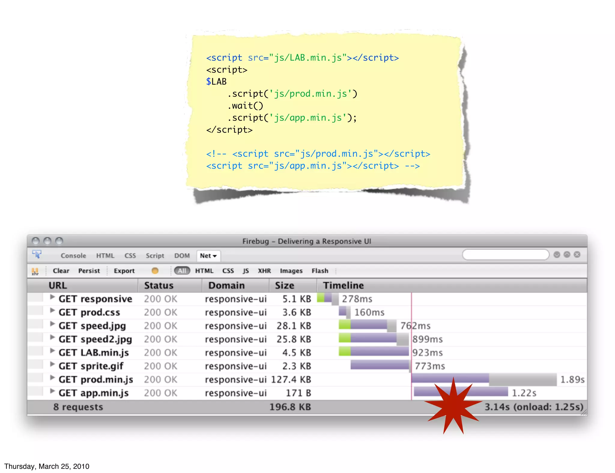 <script src="js/LAB.min.js"></script>
                           <script>
                           $LAB
                                .script('js/prod.min.js')
                                .wait()
                                .script('js/app.min.js');
                           </script>

                           <!-- <script src="js/prod.min.js"></script>
                           <script src="js/app.min.js"></script> -->




Thursday, March 25, 2010
 