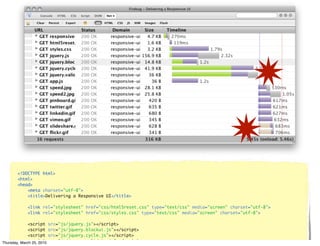 <!DOCTYPE html>
        <html>
        <head>
            <meta charset="utf-8">
            <title>Delivering a Responsive UI</title>

             <link rel="stylesheet" href="css/html5reset.css" type="text/css" media="screen" charset="utf-8">
             <link rel="stylesheet" href="css/styles.css" type="text/css" media="screen" charset="utf-8">

              <script      src="js/jquery.js"></script>
              <script      src="js/jquery.blockui.js"></script>
              <script      src="js/jquery.cycle.js"></script>
              <script
Thursday, March 25, 2010   src="js/jquery.validate.js"></script>
 