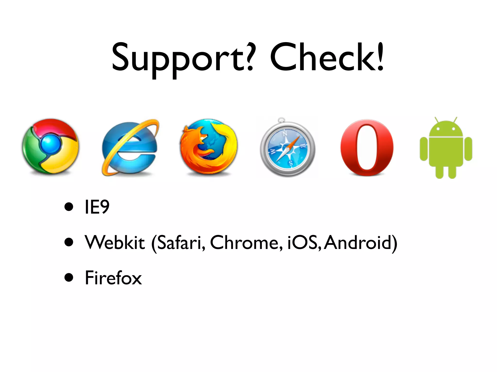Support? Check!


• IE9
• Webkit (Safari, Chrome, iOS, Android)
• Firefox
 