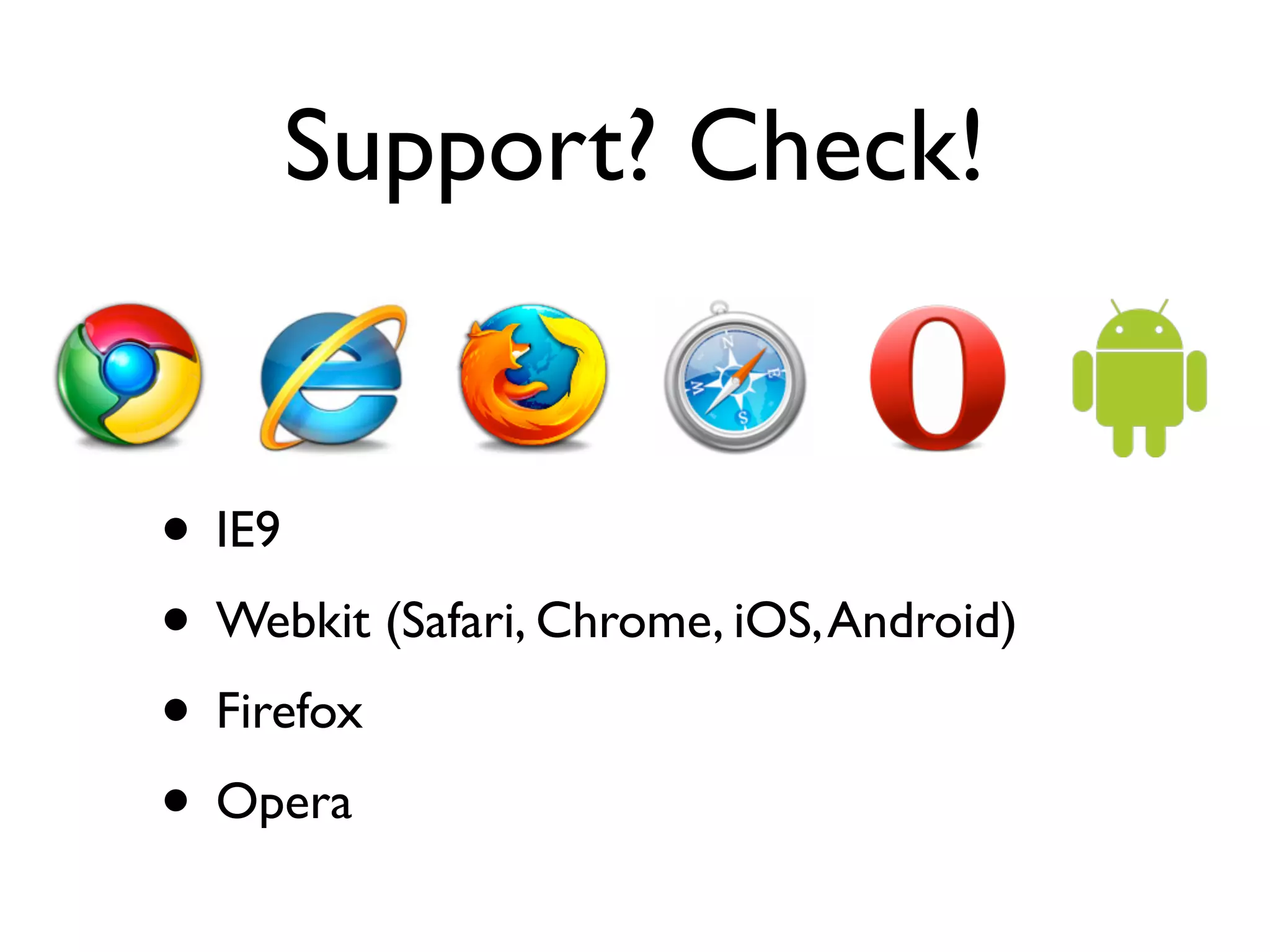 Support? Check!


• IE9
• Webkit (Safari, Chrome, iOS, Android)
• Firefox
• Opera
 