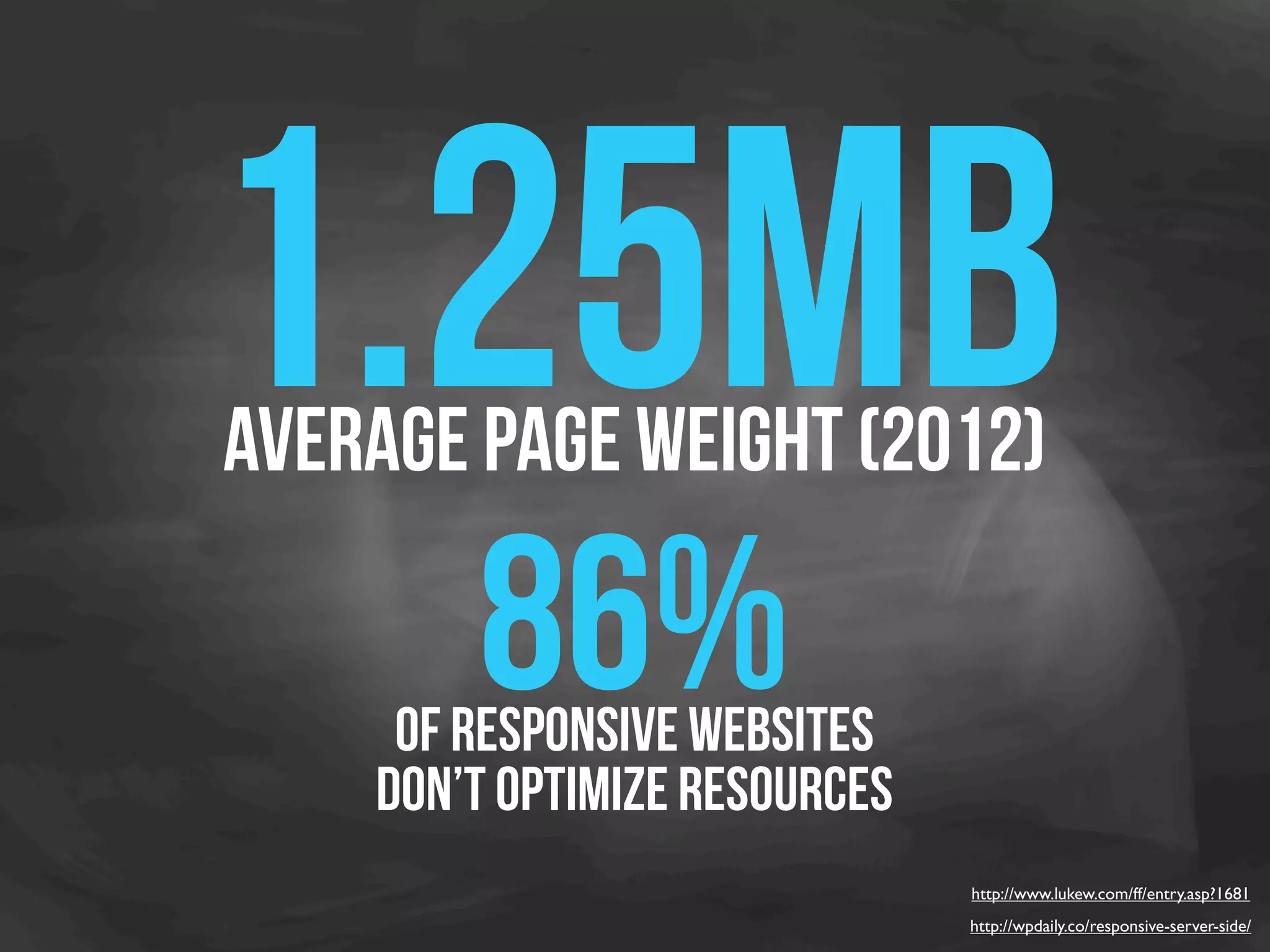 1.25MB
average page weight (2012)

        86%
     of responsive websites
    don’t optimize resources
                               http://www.lukew.com/ff/entry.asp?1681
                               http://wpdaily.co/responsive-server-side/
 