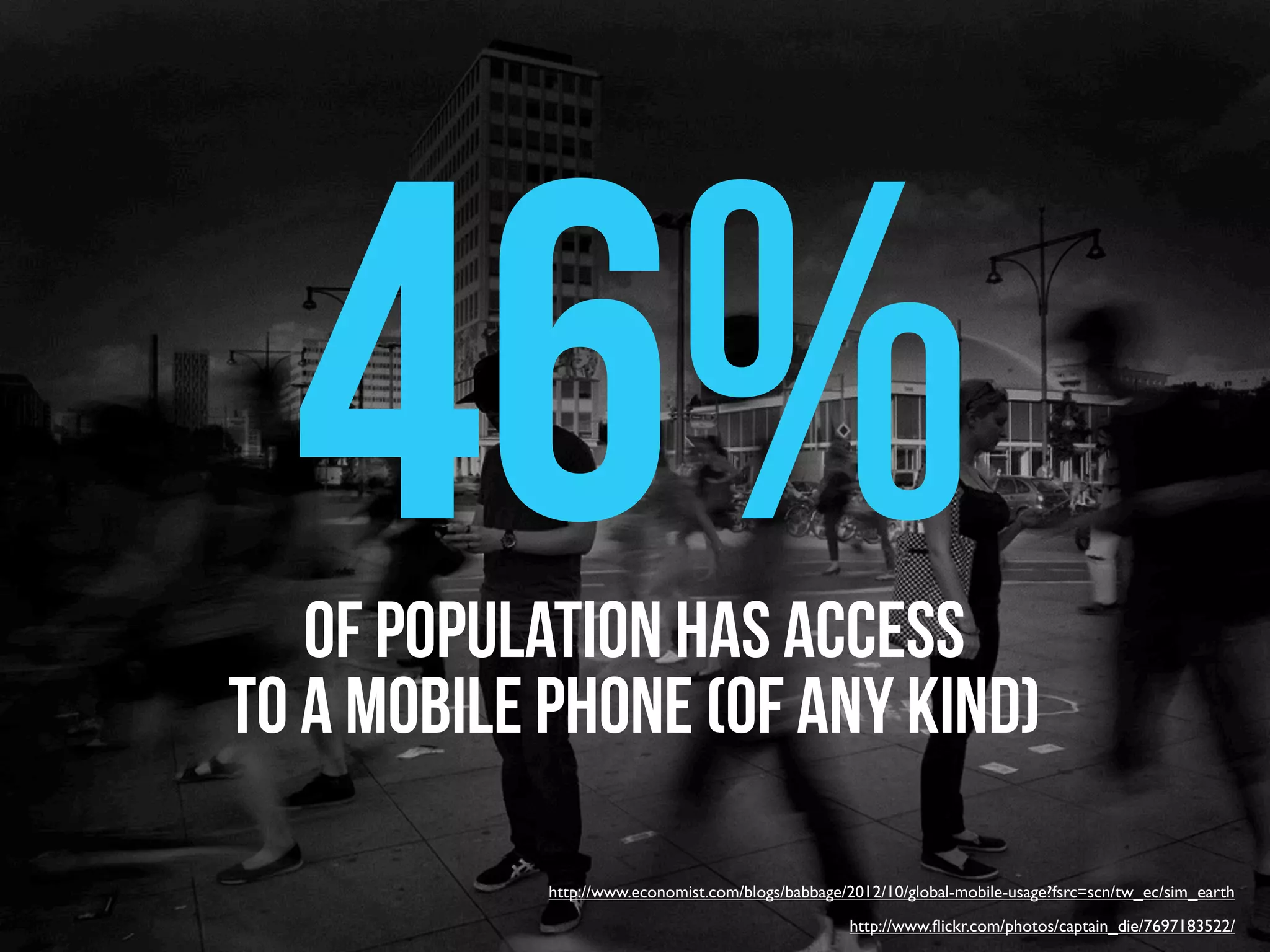 46%
   of population has access
to a mobile phone (of any kind)

            http://www.economist.com/blogs/babbage/2012/10/global-mobile-usage?fsrc=scn/tw_ec/sim_earth
                                                   http://www.ﬂickr.com/photos/captain_die/7697183522/
 