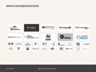 BRANCHENÜBERGREIFEND

19.11.2013

BNI | Karsten Hesemann

3

 