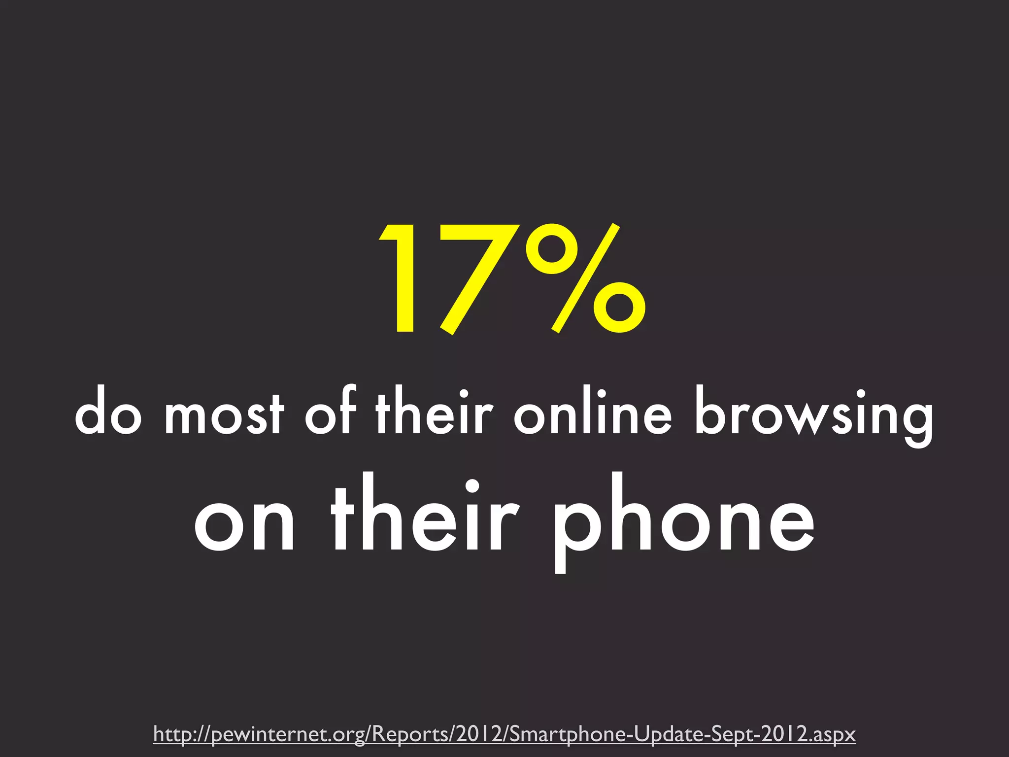 17% 
do most of their online browsing 
on their phone 
http://pewinternet.org/Reports/2012/Smartphone-Update-Sept-2012.aspx 
 