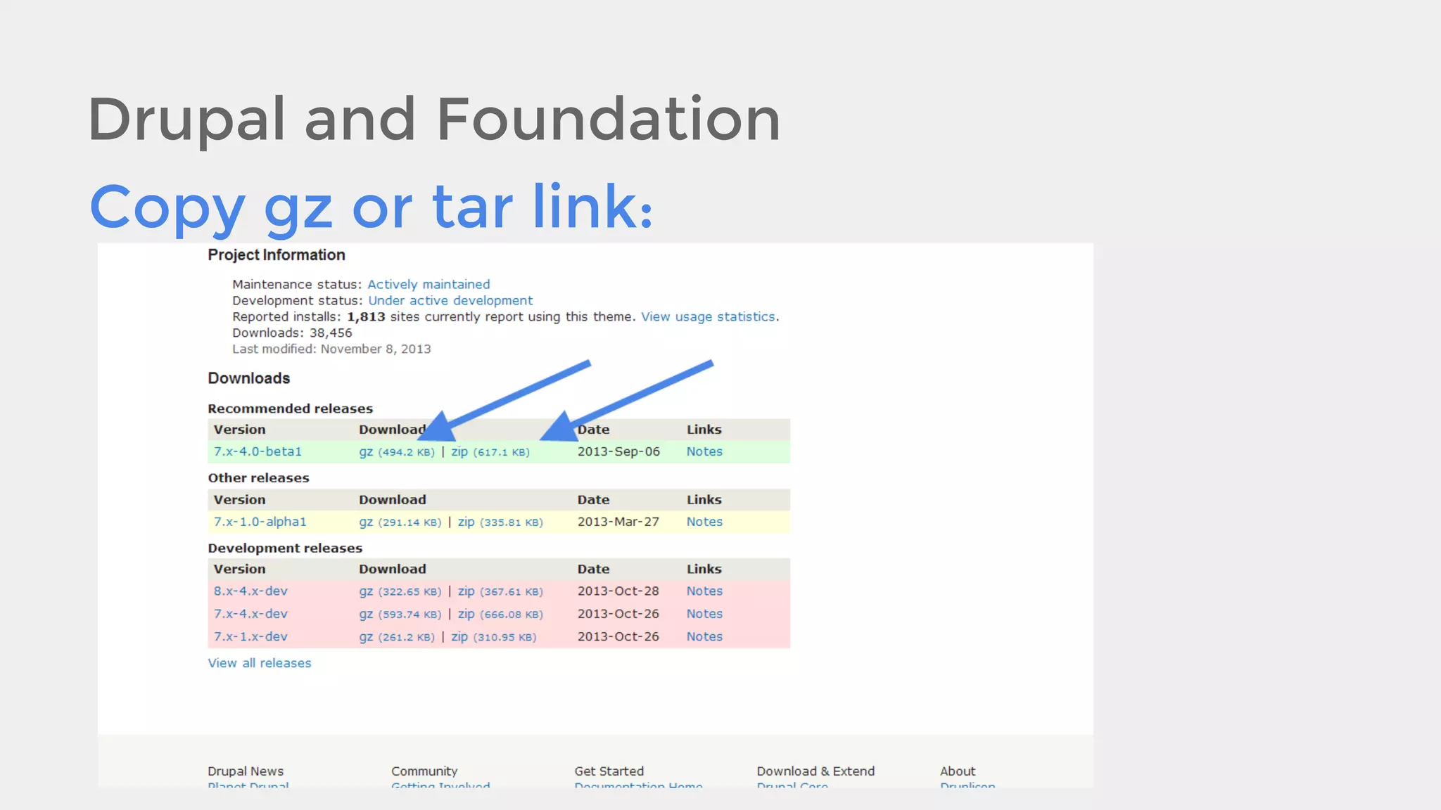 Drupal and Foundation
Copy gz or tar link:

 