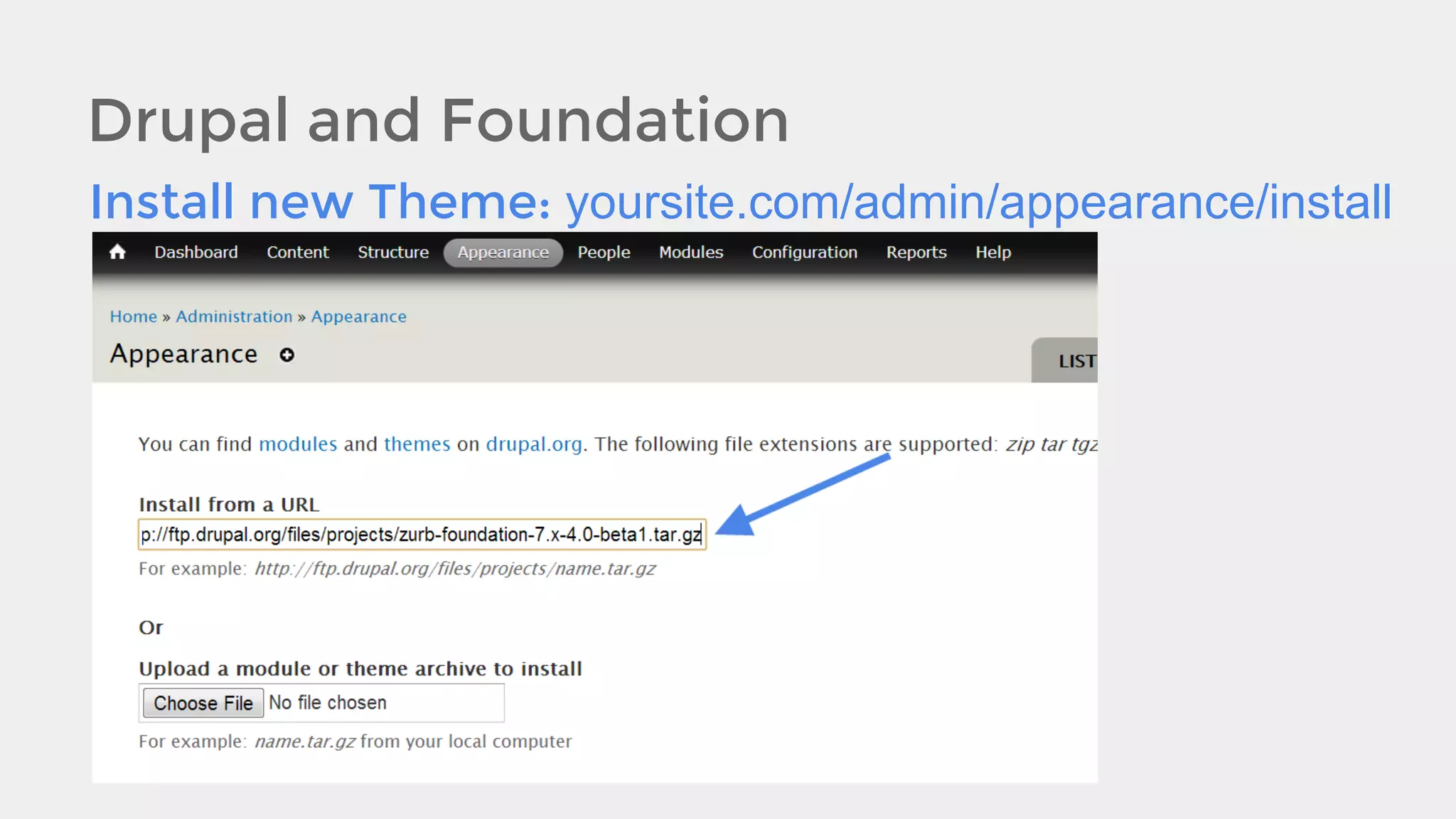 Drupal and Foundation
Install new Theme: yoursite.com/admin/appearance/install

 