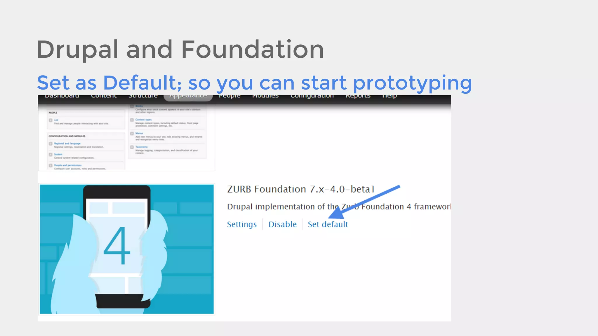 Drupal and Foundation
Set as Default; so you can start prototyping

 