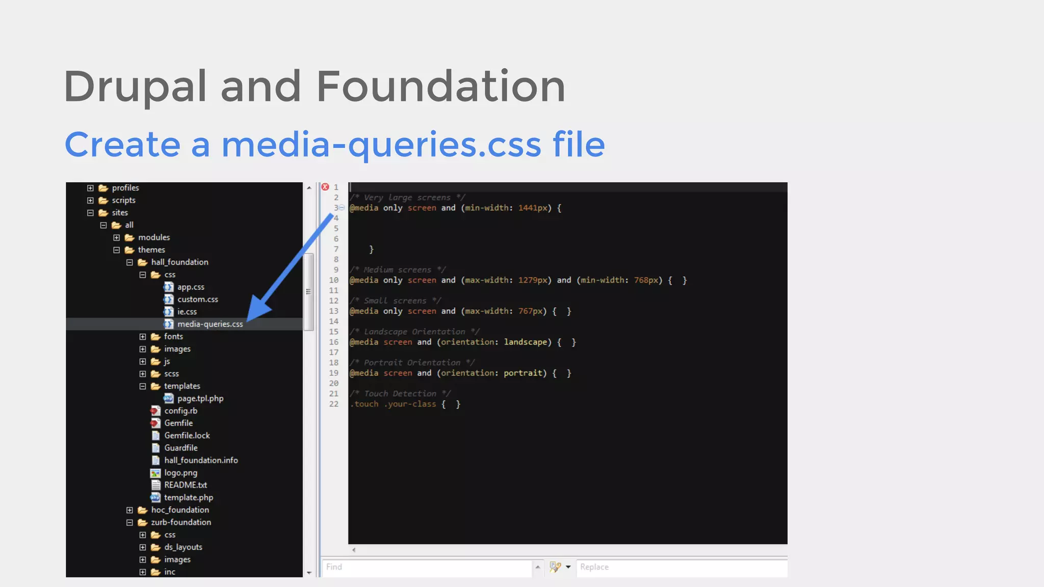 Drupal and Foundation
Create a media-queries.css file

 