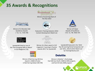 35 Awards & Recognitions 
Winner of eLearning Team of 
Winner of a Silver award in CLO 
magazine's 'Learning In Practice 
...