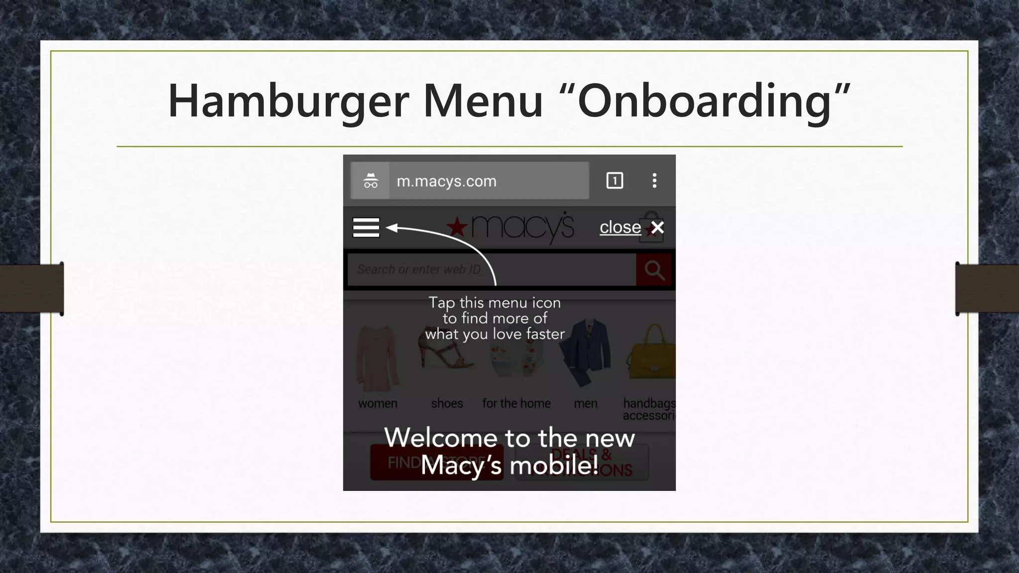 "The hamburger icon, used most
egregiously, allows you to put 500
options into a mobile app without doing
the hard work of actually figuring out
what belongs there“
- Luke Wroblewski
- http://www.bbc.com/news/magazine-31602745
 