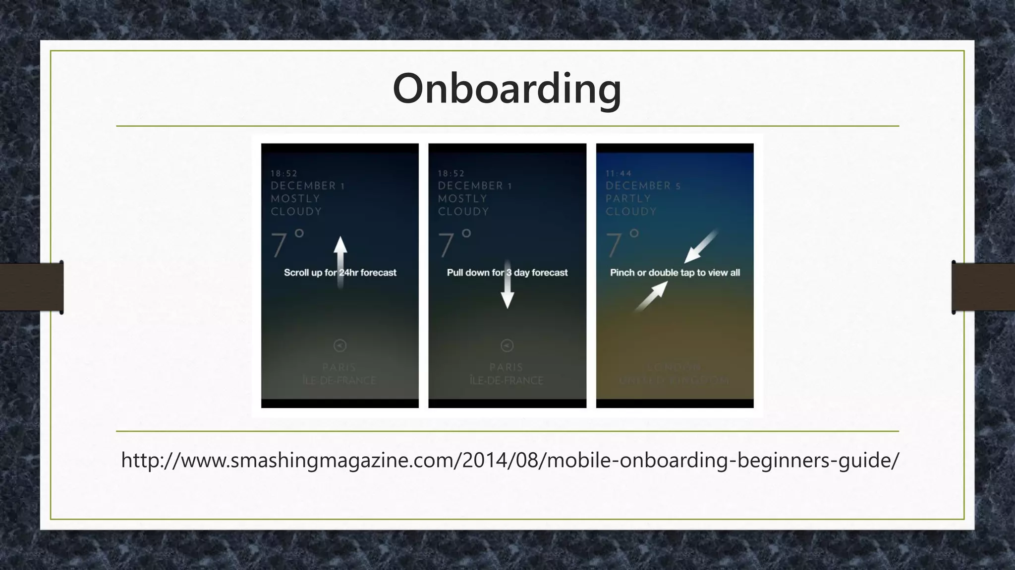 PointClear - Optimizing mHealth Apps for Older Adults: 8 Strategies
• "Most older adults don’t use advanced gestures such
as double-tap, flick, tap and hold, pinch or spread.
Strive to limit your gestures to tap and swipe. If your
app needs to include these advanced gestures, make
sure the actions that are activated are also available
through menus or UI buttons that can be accessed by
tapping or swiping.“
http://blog.pointclearsolutions.com/2014/06/optimizing-mhealth-apps-older-adults-8-strategies/
 