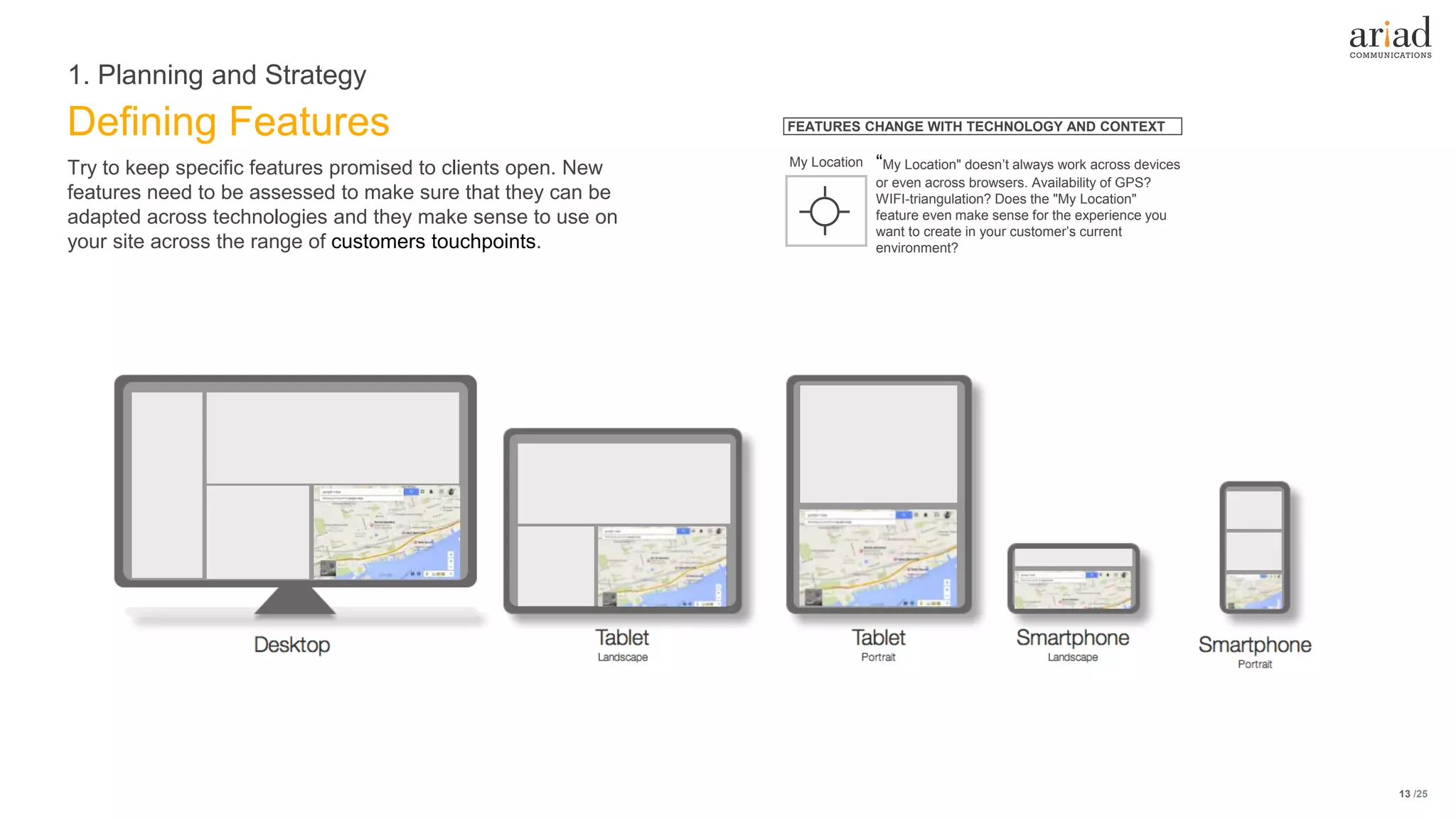 /25
Defining Features
1. Planning and Strategy
13
Try to keep specific features promised to clients open. New
features need to be assessed to make sure that they can be
adapted across technologies and they make sense to use on
your site across the range of customers touchpoints.
My Location
FEATURES CHANGE WITH TECHNOLOGY AND CONTEXT
“My Location" doesn’t always work across devices
or even across browsers. Availability of GPS?
WIFI-triangulation? Does the "My Location"
feature even make sense for the experience you
want to create in your customer’s current
environment?
 