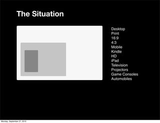 The Situation
                               Desktop
                               Print
                               16:9
                               4:3
                               Mobile
                               Kindle
                               HD
                               iPad
                               Television
                               Projectors
                               Game Consoles
                               Automobiles




Monday, September 27, 2010
 