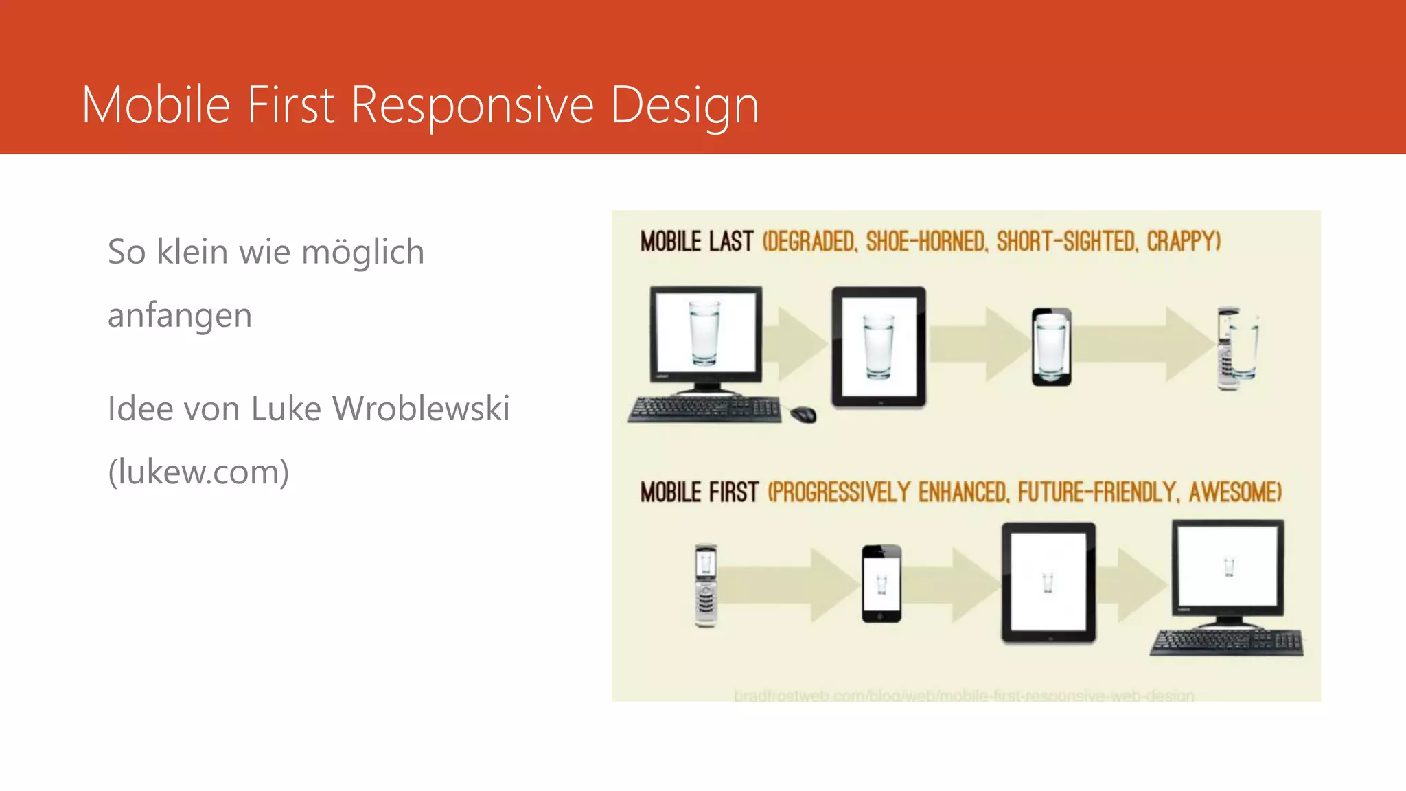 Mobile First Responsive Design
So klein wie möglich
anfangen
Idee von Luke Wroblewski
(lukew.com)
 