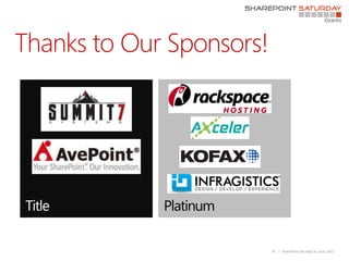 Thanks to Our Sponsors!




             Platinum

                          29   | SharePoint Saturday St. Louis 2012
 