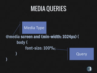 Media Type

@media screen and (min-width: 1024px) {
     body {
         font-size: 100%;
    }                                Query
}
 