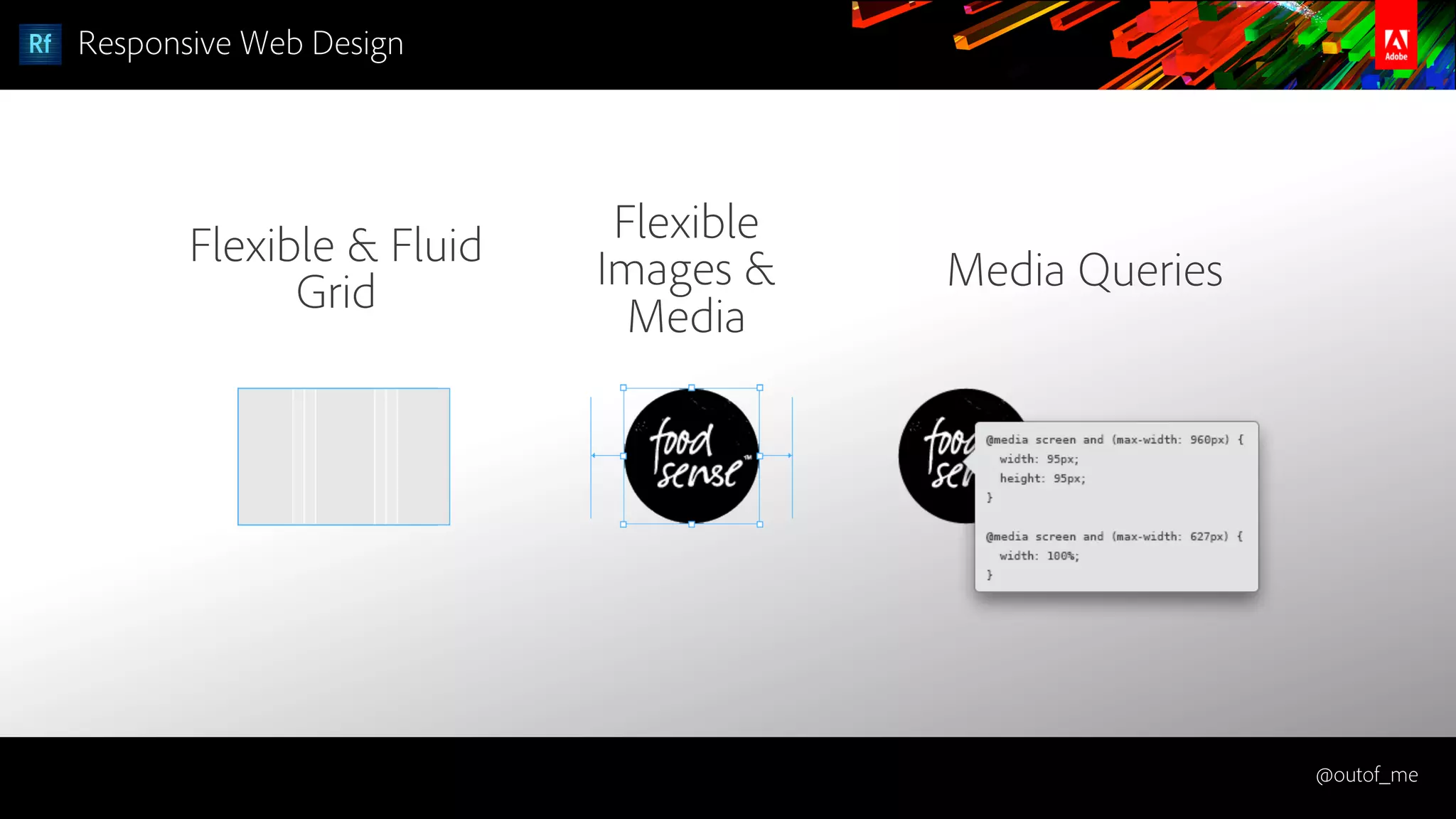 @outof_me
Responsive Web Design
Flexible & Fluid
Grid
Flexible
Images &
Media
Media Queries