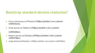 Bootstrap standard devices resolution?
 Extra small devices i.e Phones (<768px),Symbol (-xs-),column
width(Auto).
 Small devices i.e Tablets (≥768px),Symbol (-sm-),column
width(60px).
 Medium devices i.e Desktop (≥992px),Symbol (-md-),column
width(78px).
 Large devices i.e Desktop (≥1200px),Symbol (-lg-),column width(95px).
 