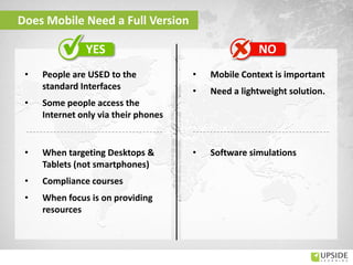 Does Mobile Need a Full Version
• People are USED to the
standard Interfaces
• Some people access the
Internet only via their phones
• When targeting Desktops &
Tablets (not smartphones)
• Compliance courses
• When focus is on providing
resources
• Mobile Context is important
• Need a lightweight solution.
• Software simulations
 