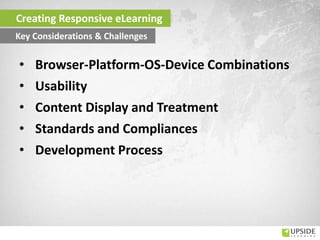 • Browser-Platform-OS-Device Combinations
• Usability
• Content Display and Treatment
• Standards and Compliances
• Development Process
Key Considerations & Challenges
Creating Responsive eLearning
 