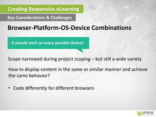 Browser-Platform-OS-Device Combinations
Scope narrowed during project scoping – but still a wide variety
How to display content in the same or similar manner and achieve
the same behavior?
• Code differently for different browsers
Creating Responsive eLearning
Key Considerations & Challenges
It should work on every possible device!
 