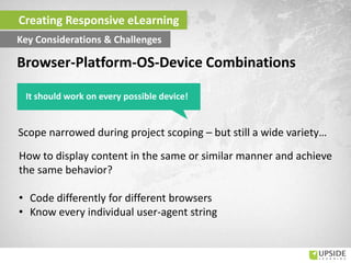 Scope narrowed during project scoping – but still a wide variety…
How to display content in the same or similar manner and achieve
the same behavior?
• Code differently for different browsers
• Know every individual user-agent string
Creating Responsive eLearning
Key Considerations & Challenges
Browser-Platform-OS-Device Combinations
It should work on every possible device!
 
