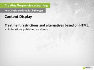 Treatment restrictions and alternatives based on HTML:
• Animations published as videos
Creating Responsive eLearning
Key Considerations & Challenges
Content Display
 