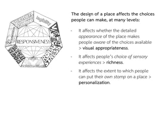 The design of a place affects the choices
people can make, at many levels:
- It affects whether the detailed
appearance of the place makes
people aware of the choices available
> visual appropriateness.
- It affects people’s choice of sensory
experiences > richness.
- It affects the extent to which people
can put their own stamp on a place >
personalization.
 