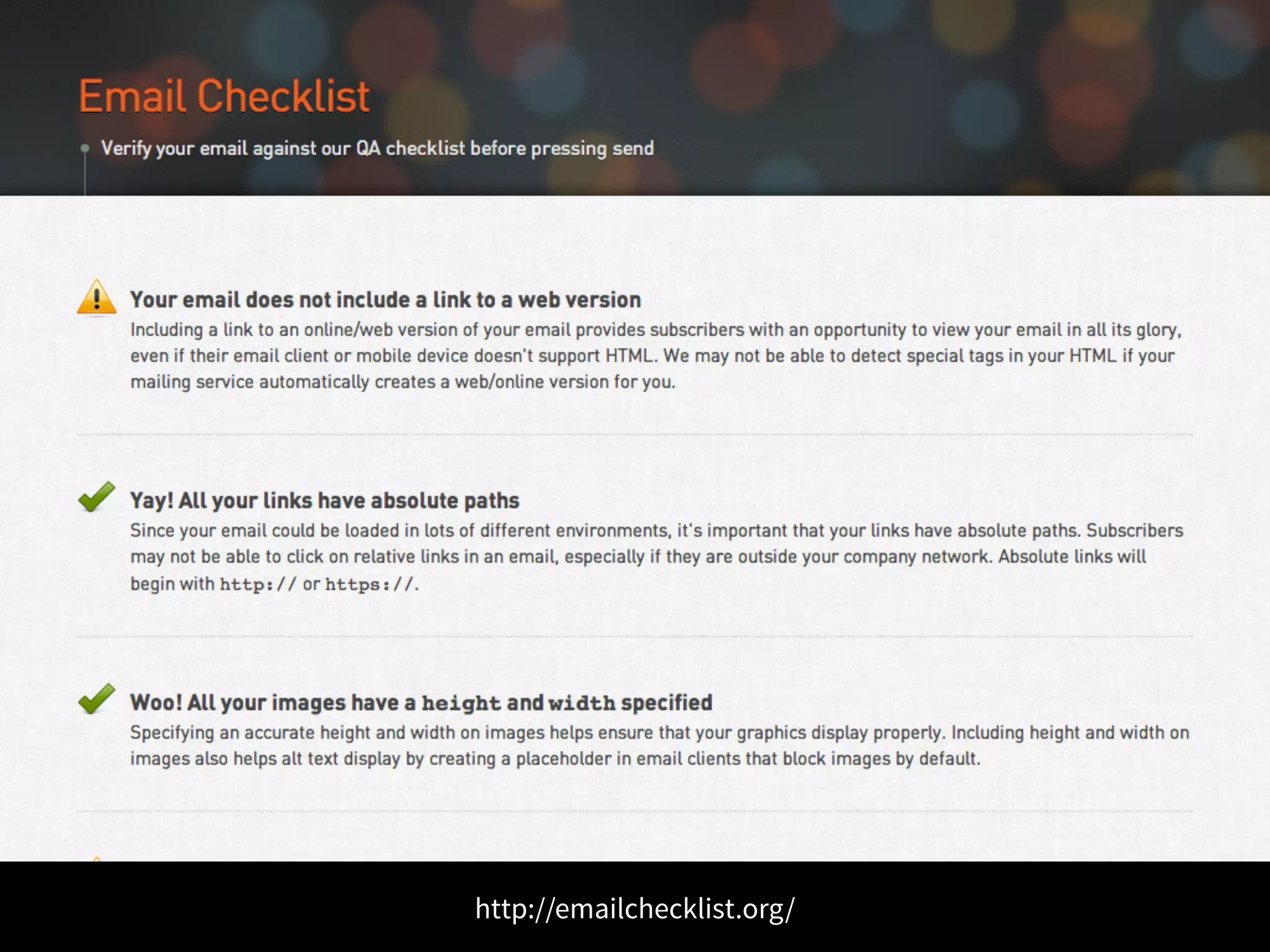 http://emailchecklist.org/ 
 