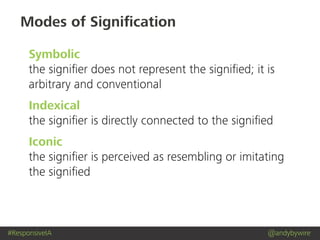 #ResponsiveIA @andybywire
Modes of Signiﬁcation
Symbolic
the signiﬁer does not represent the signiﬁed; it is
arbitrary and conventional
Indexical
the signiﬁer is directly connected to the signiﬁed
Iconic
the signiﬁer is perceived as resembling or imitating
the signiﬁed
 