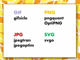 GIF
gifsicle
JPG
jpegtran
jpegoptim
PNG
pngquant
OptiPNG
SVG
svgo
 