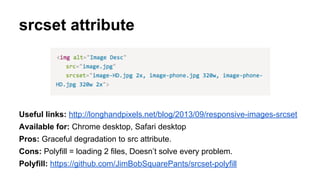 srcset attribute
Useful links: http://longhandpixels.net/blog/2013/09/responsive-images-srcset
Available for: Chrome desktop, Safari desktop
Pros: Graceful degradation to src attribute.
Cons: Polyfill = loading 2 files, Doesn’t solve every problem.
Polyfill: https://github.com/JimBobSquarePants/srcset-polyfill
 