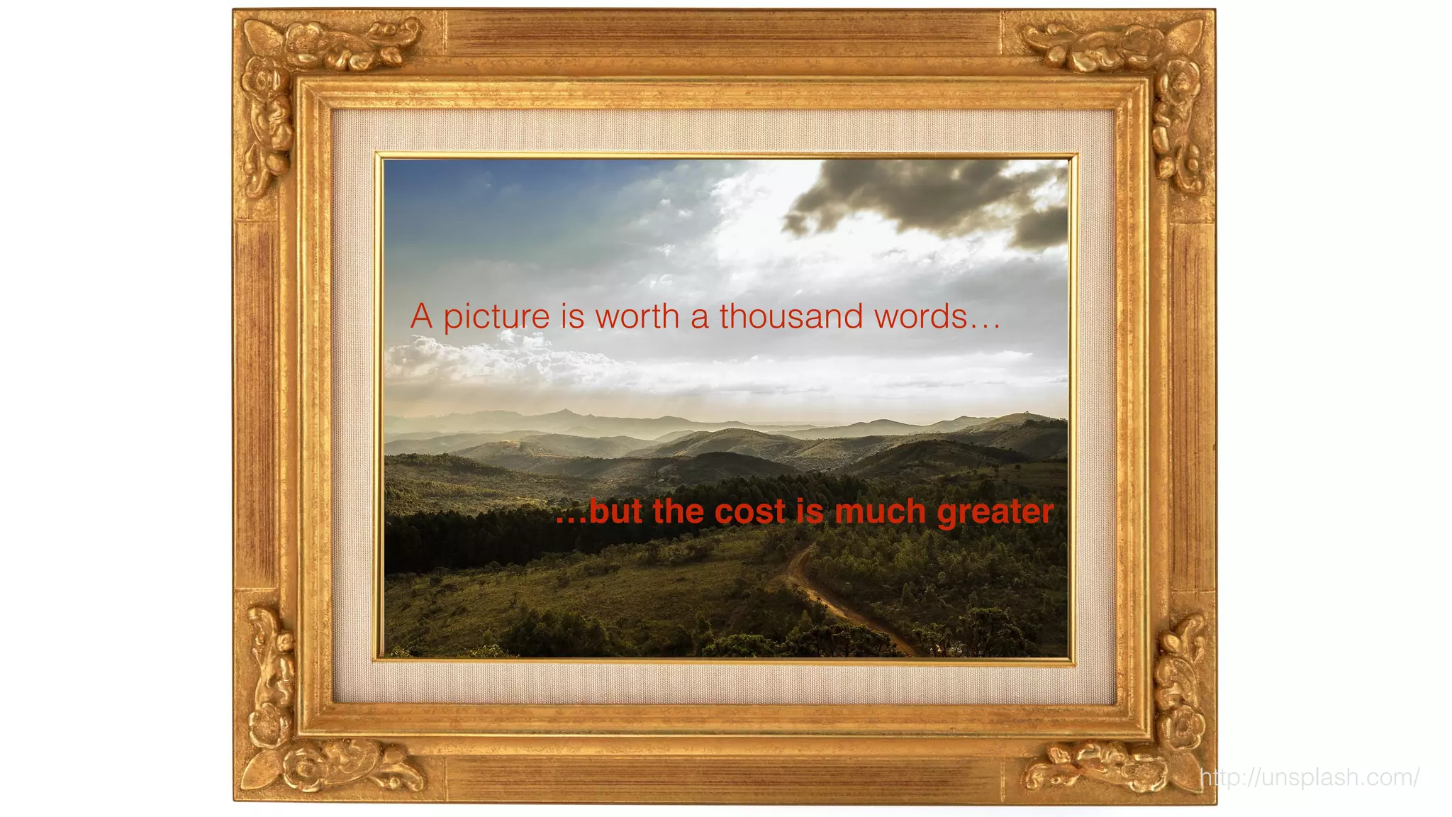 A picture is worth a thousand words… 
http://unsplash.com/ 
…but the cost is much greater 
 