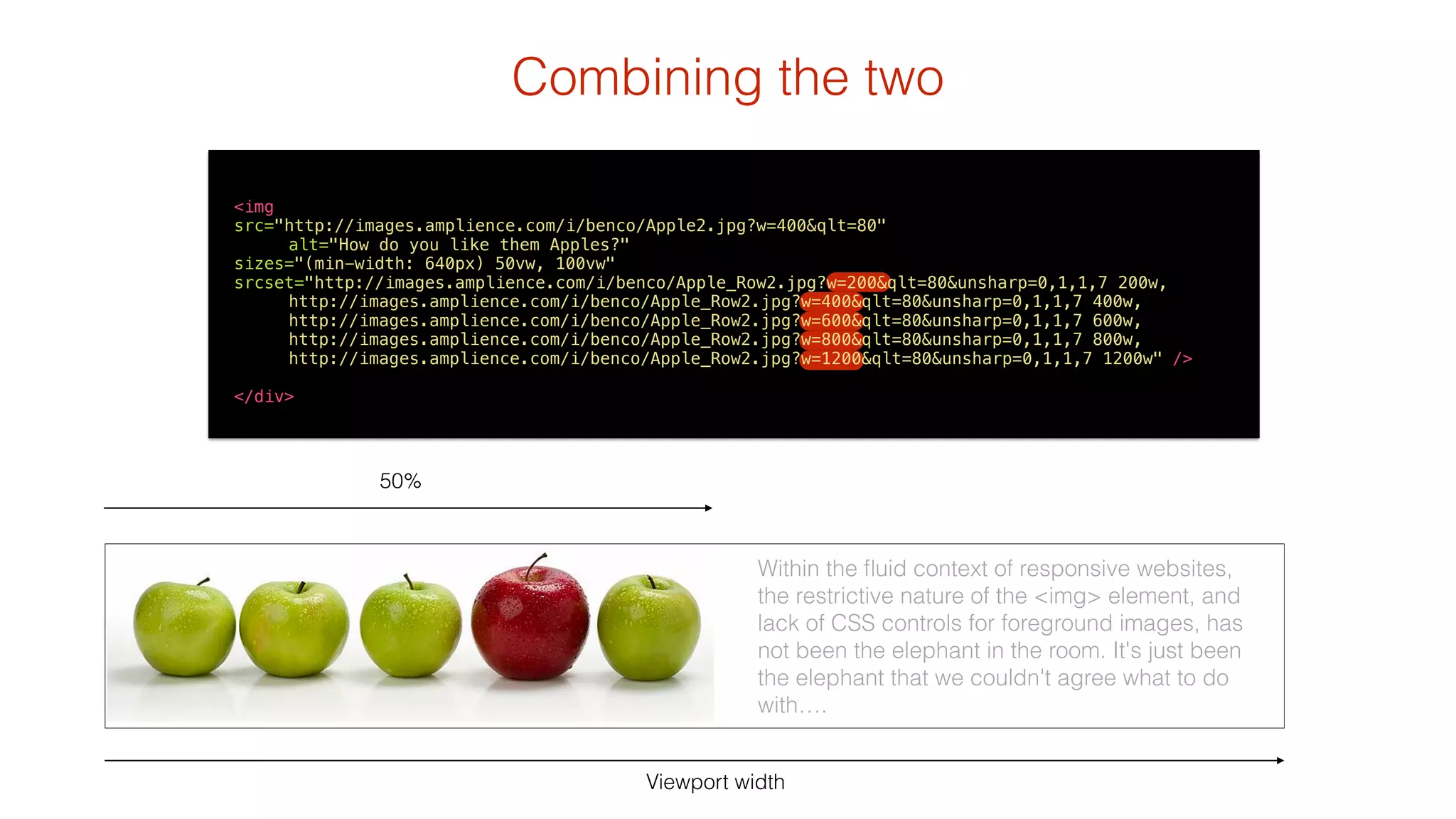 Combining the two 
<img 
src="http://images.amplience.com/i/benco/Apple2.jpg?w=400&qlt=80" 
Viewport width 
50% 
Within the fluid context of responsive websites, 
the restrictive nature of the <img> element, and 
lack of CSS controls for foreground images, has 
not been the elephant in the room. It's just been 
the elephant that we couldn't agree what to do 
with…. 
alt="How do you like them Apples?" 
sizes="(min-width: 640px) 50vw, 100vw" 
srcset="http://images.amplience.com/i/benco/Apple_Row2.jpg?w=200&qlt=80&unsharp=0,1,1,7 200w, 
http://images.amplience.com/i/benco/Apple_Row2.jpg?w=400&qlt=80&unsharp=0,1,1,7 400w, 
http://images.amplience.com/i/benco/Apple_Row2.jpg?w=600&qlt=80&unsharp=0,1,1,7 600w, 
http://images.amplience.com/i/benco/Apple_Row2.jpg?w=800&qlt=80&unsharp=0,1,1,7 800w, 
http://images.amplience.com/i/benco/Apple_Row2.jpg?w=1200&qlt=80&unsharp=0,1,1,7 1200w" /> 
! 
</div> 
 