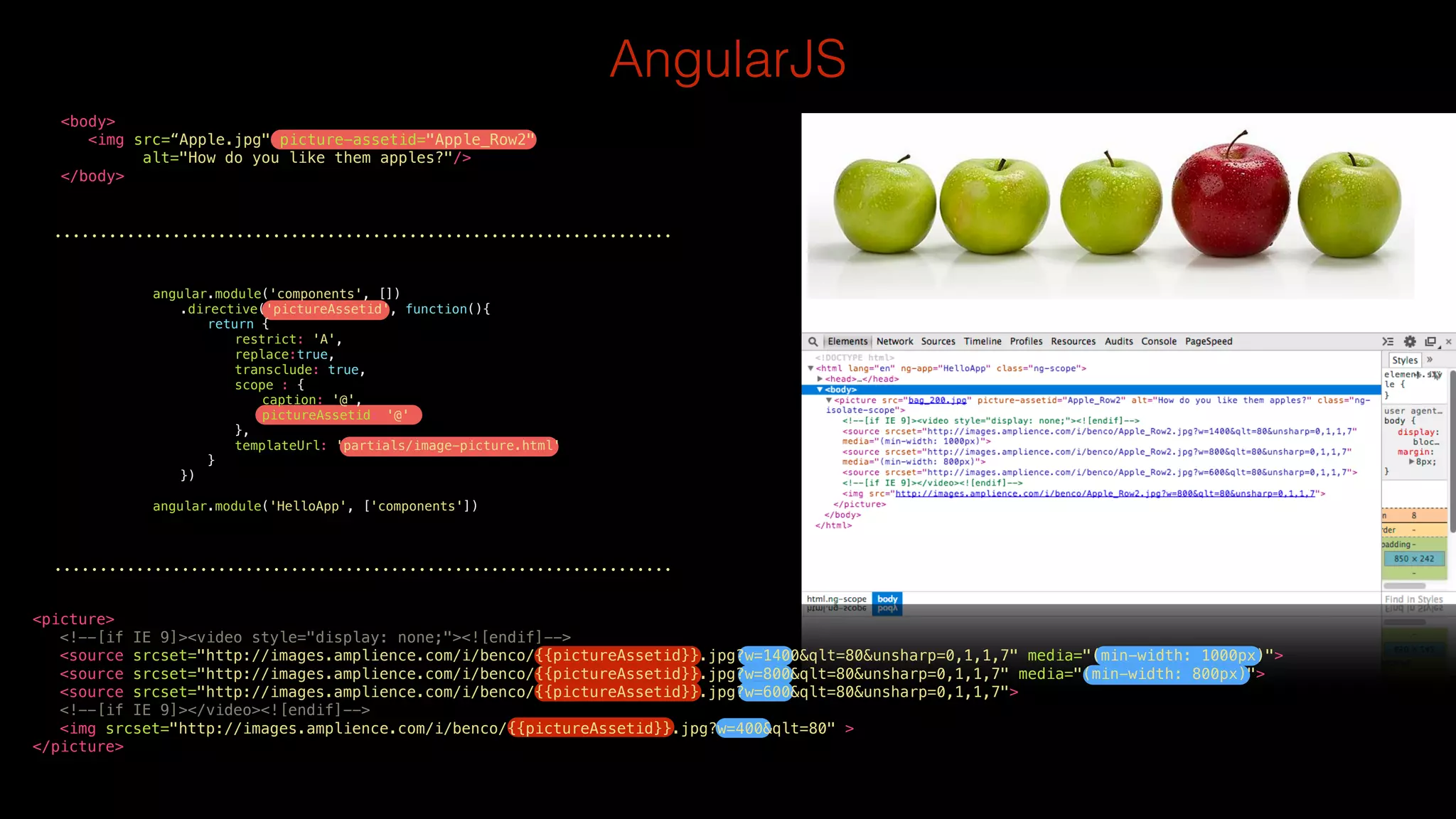 AngularJS 
<body> 
<img src=“Apple.jpg" picture-assetid="Apple_Row2" 
alt="How do you like them apples?"/> 
</body> 
angular.module('components', []) 
.directive('pictureAssetid', function(){ 
return { 
restrict: 'A', 
replace:true, 
transclude: true, 
scope : { 
caption: '@', 
pictureAssetid: '@' 
}, 
templateUrl: 'partials/image-picture.html' 
} 
}) 
! 
angular.module('HelloApp', ['components']) 
<picture> 
<!--[if IE 9]><video style="display: none;"><![endif]--> 
<source srcset="http://images.amplience.com/i/benco/{{pictureAssetid}}.jpg?w=1400&qlt=80&unsharp=0,1,1,7" media="(min-width: 1000px)"> 
<source srcset="http://images.amplience.com/i/benco/{{pictureAssetid}}.jpg?w=800&qlt=80&unsharp=0,1,1,7" media="(min-width: 800px)"> 
<source srcset="http://images.amplience.com/i/benco/{{pictureAssetid}}.jpg?w=600&qlt=80&unsharp=0,1,1,7"> 
<!--[if IE 9]></video><![endif]--> 
<img srcset="http://images.amplience.com/i/benco/{{pictureAssetid}}.jpg?w=400&qlt=80" > 
</picture> 
 