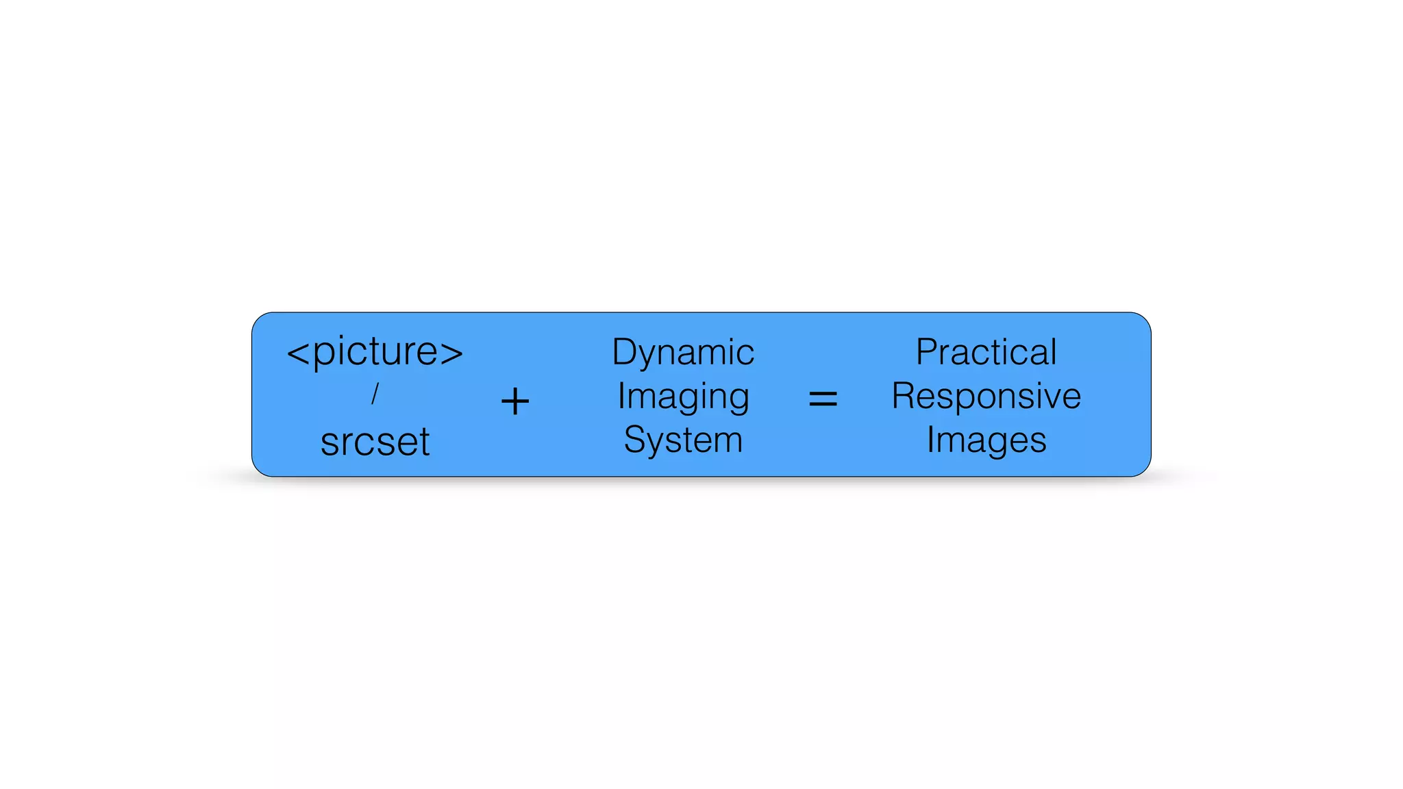 <picture> 
/ 
srcset 
Dynamic 
Imaging 
System 
Practical 
Responsive 
Images 
+ = 
 