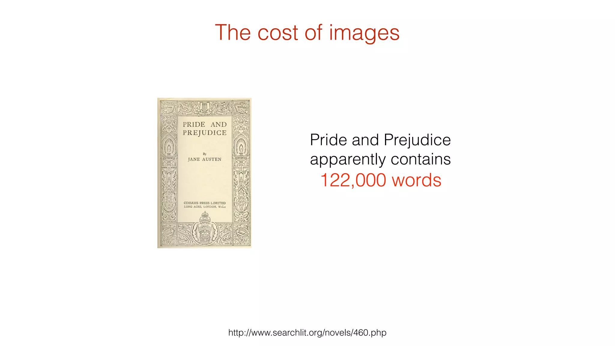 The cost of images 
Pride and Prejudice 
apparently contains 
122,000 words 
http://www.searchlit.org/novels/460.php 
 