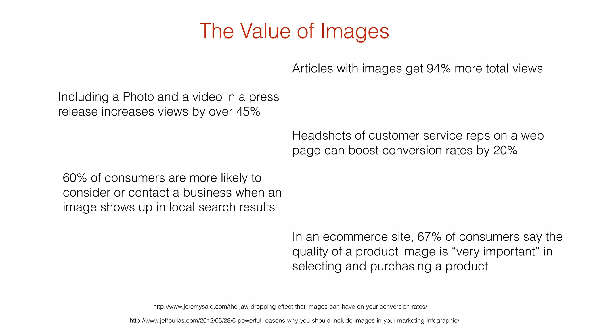 The Value of Images 
Articles with images get 94% more total views 
Headshots of customer service reps on a web 
page can boost conversion rates by 20% 
In an ecommerce site, 67% of consumers say the 
quality of a product image is “very important” in 
selecting and purchasing a product 
Including a Photo and a video in a press 
release increases views by over 45% 
60% of consumers are more likely to 
consider or contact a business when an 
image shows up in local search results 
http://www.jeremysaid.com/the-jaw-dropping-effect-that-images-can-have-on-your-conversion-rates/ 
http://www.jeffbullas.com/2012/05/28/6-powerful-reasons-why-you-should-include-images-in-your-marketing-infographic/ 
 
