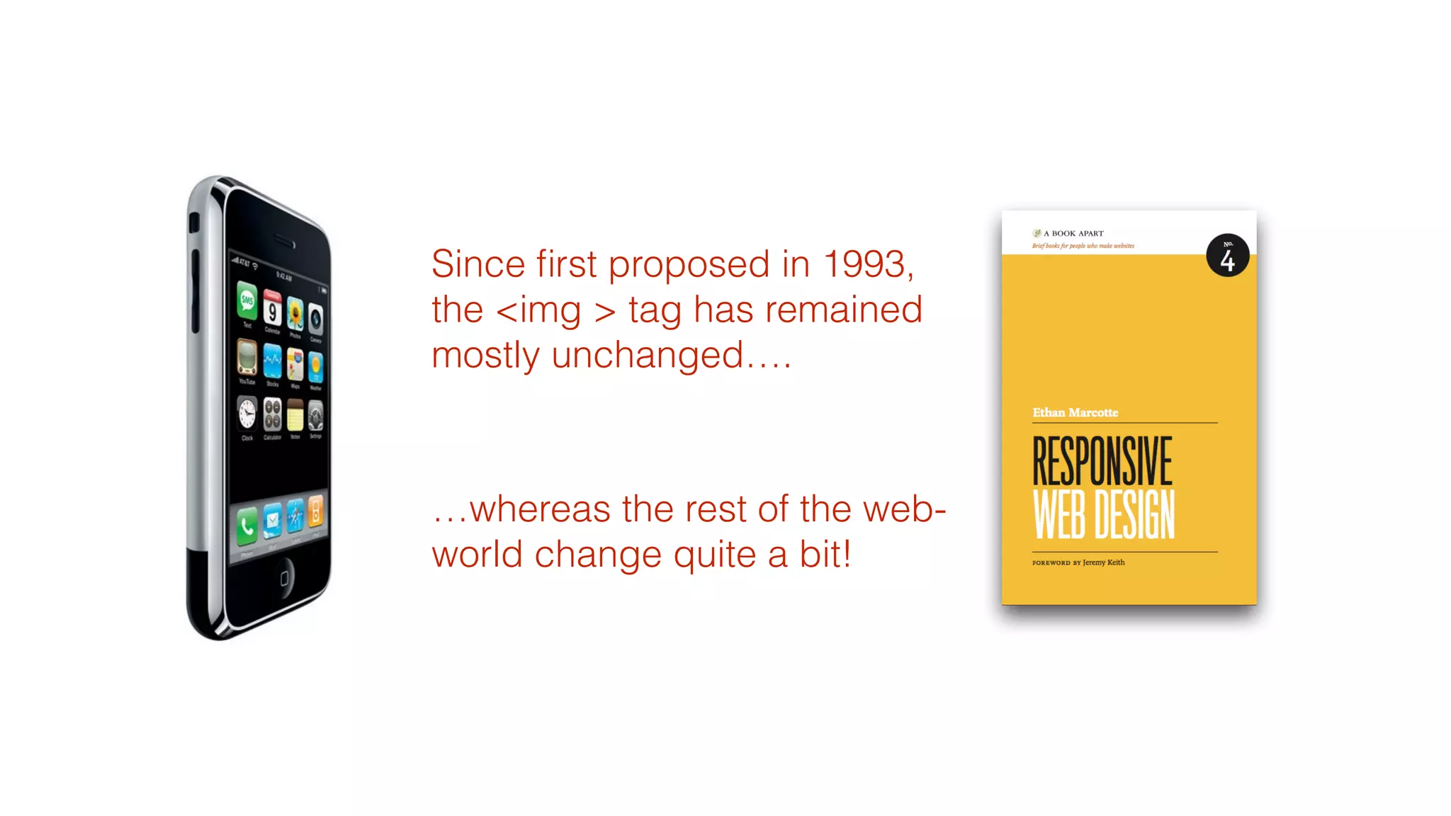 Since first proposed in 1993, 
the <img > tag has remained 
mostly unchanged…. 
! 
…whereas the rest of the web-world 
change quite a bit! 
 