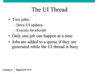 The UI Thread <ul><li>Two jobs: </li></ul><ul><ul><li>Draw UI updates </li></ul></ul><ul><ul><li>Execute JavaScript </li><...
