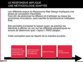 LE RESPONSIVE IMPLIQUE
UNE MÉTHODOLOGIE ADAPTÉE
Les différents enjeux du Responsive Web Design impliquent une
phase de con...