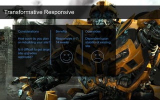 10
Transformative Responsive
Considerations
How soon do you plan
on rebuilding your site?
Is it difficult to get large
sit...