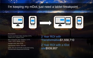 24
I’m keeping my mDot, just need a tablet breakpoint
Assumptions
Current conversion rates: Desktop 2.51%,
Tablet 2.61%, M...