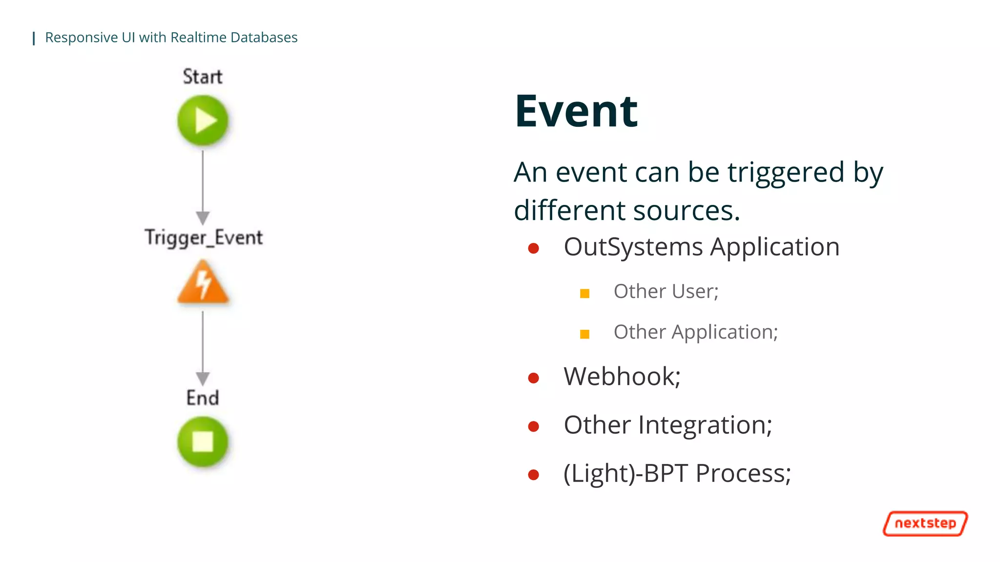 | Responsive UI with Realtime Databases
Event
An event can be triggered by
different sources.
● OutSystems Application
■ Other User;
■ Other Application;
● Webhook;
● Other Integration;
● (Light)-BPT Process;
 