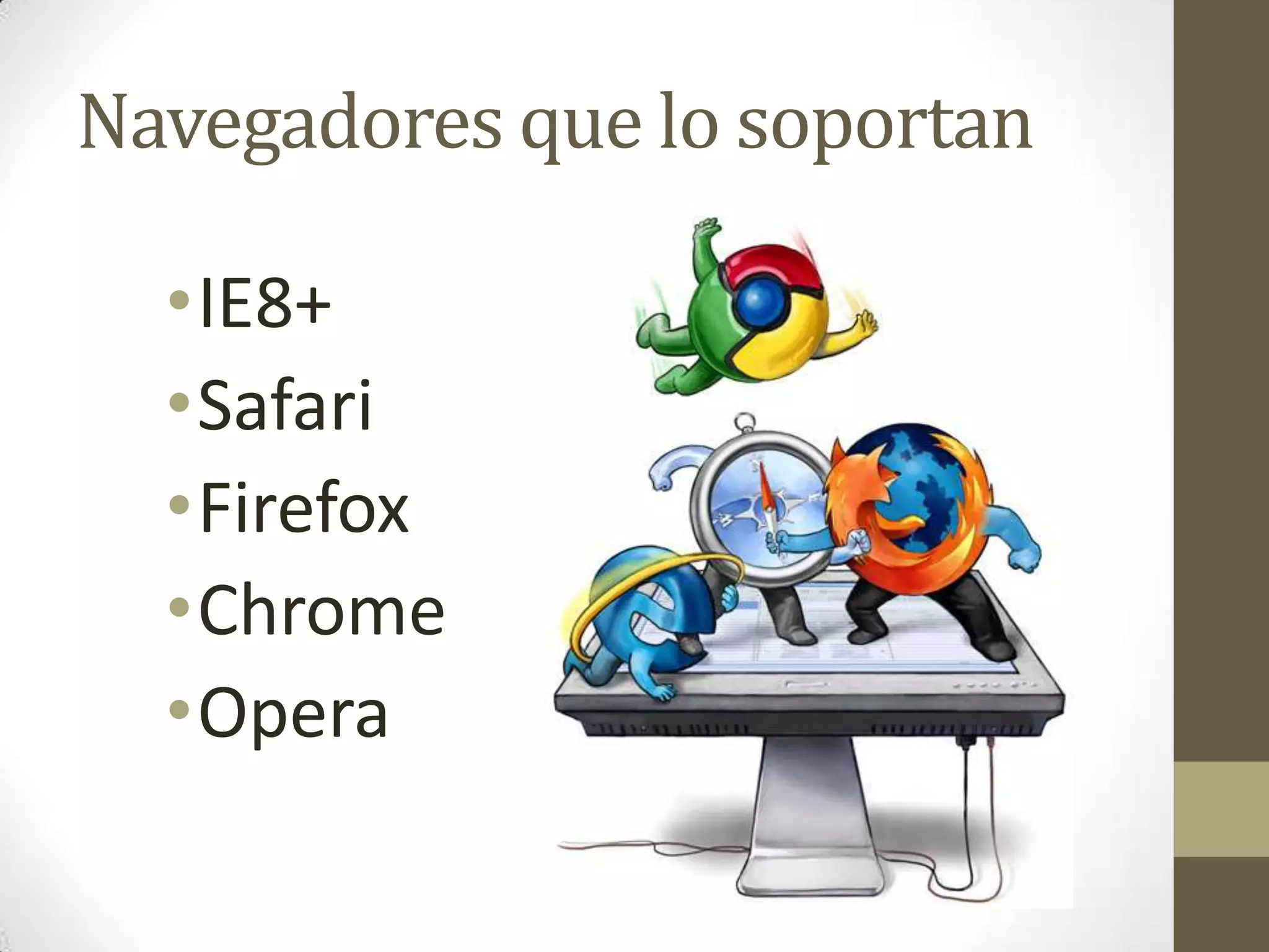 Navegadores que lo soportan

  •IE8+
  •Safari
  •Firefox
  •Chrome
  •Opera
 